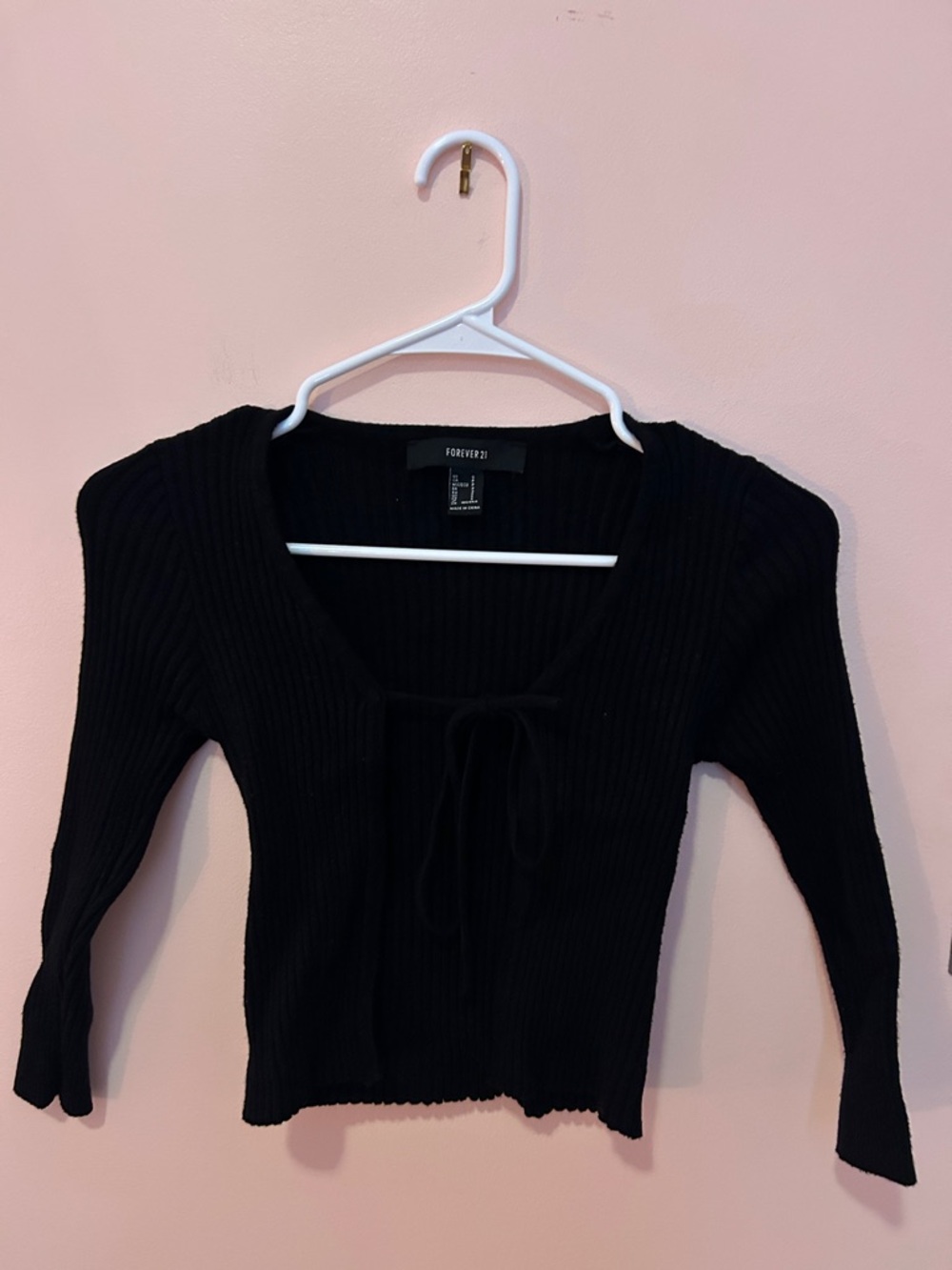 Forever 21 Black Ribbed Tie-Front Top, 3/4 sleeves